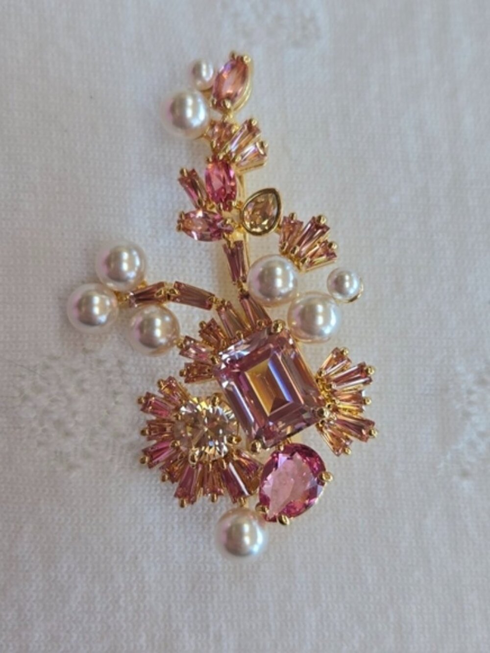 Swarovski Gold-Tone Pink Crystal & Pearl Floral Brooch PRICE FIRM